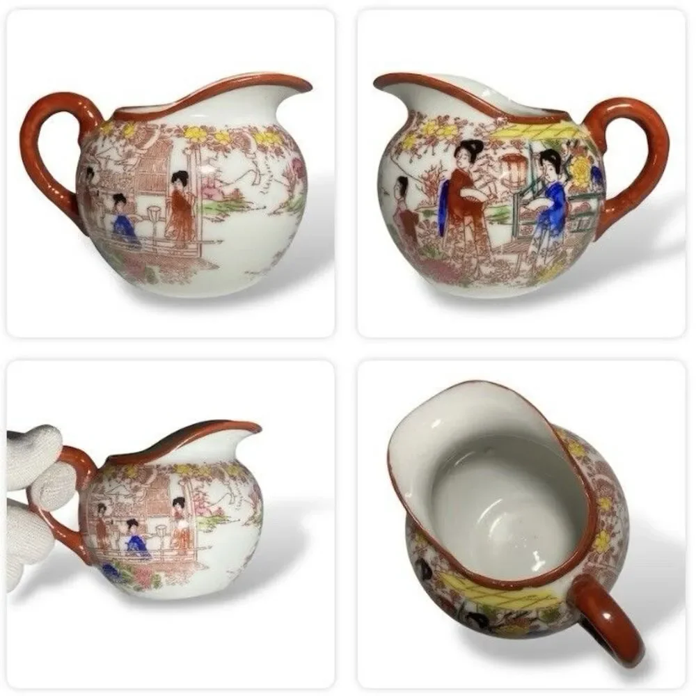 Antique Japanese Kutani Porcelain Tea Set Teapot Sugar Bowl Creamer Floral